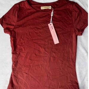 Qinsen Women's Crew Neck Short Sleeve Top, Burgundy Casual Fitted Shirt